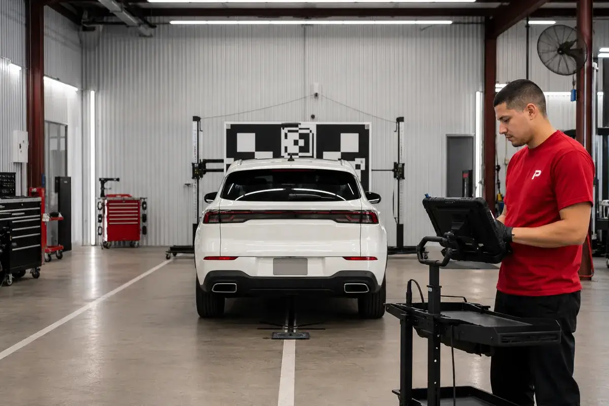 A technician running an ADAS calibration on a white Porsche SUV with a target board at Podium Body Works
