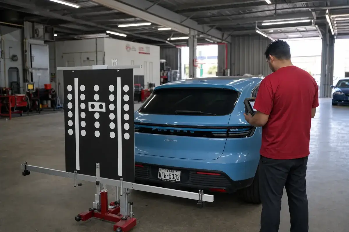 An ADAS calibration target set up in front of a vehicle at Podium Body Works in Round Rock, Texas