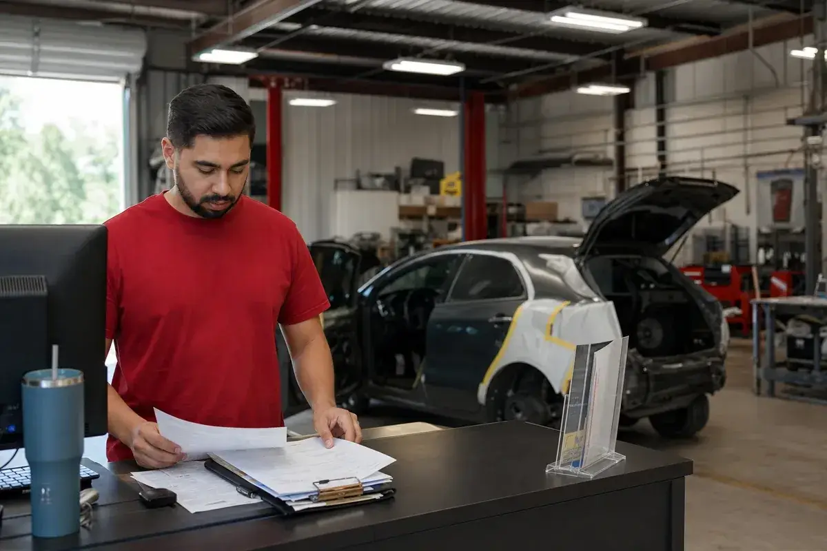 A service advisor at the claims desk reviewing paperwork at Podium Body Works in Round Rock, Texas