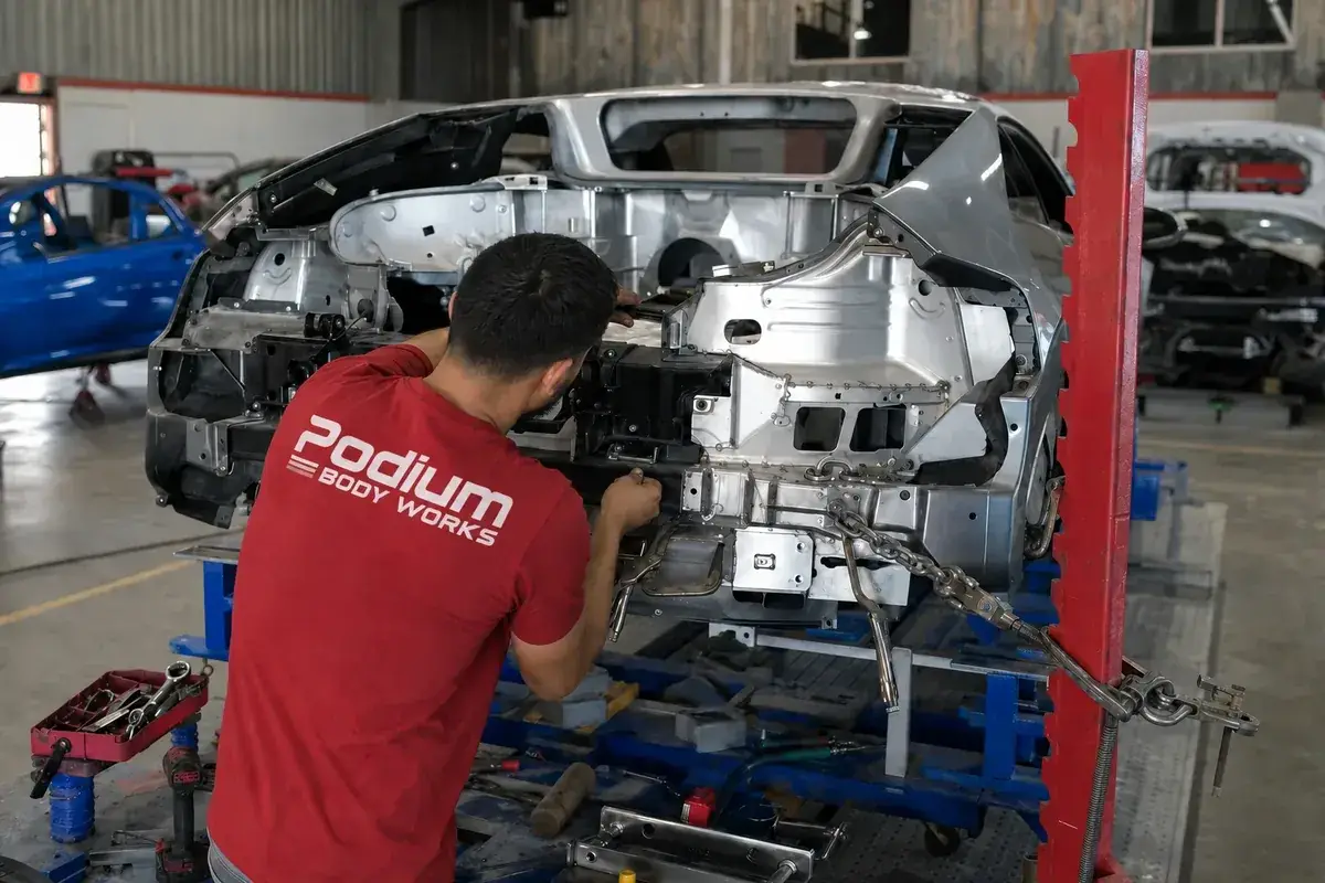 Aluminum structural repair work on an exotic car body at Podium Body Works in Liberty Hill, Texas