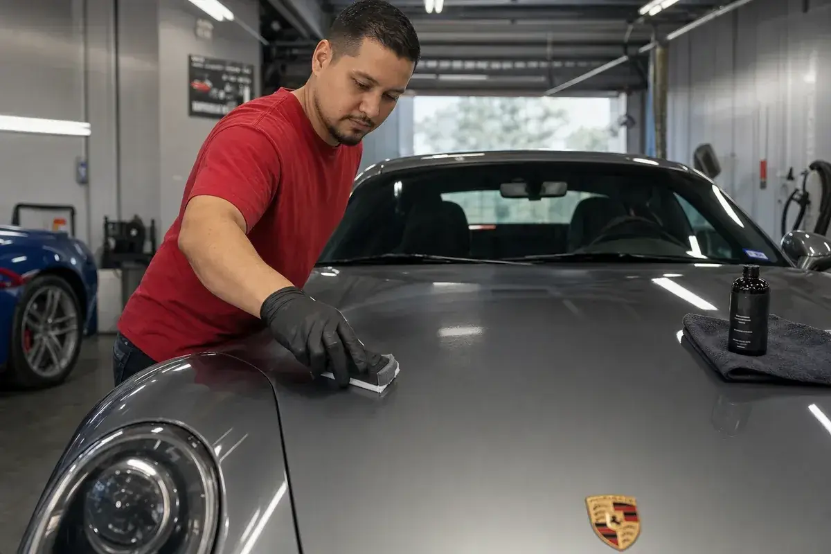 A technician applying ceramic coating in sections to a hood at Podium Body Works in Round Rock, Texas