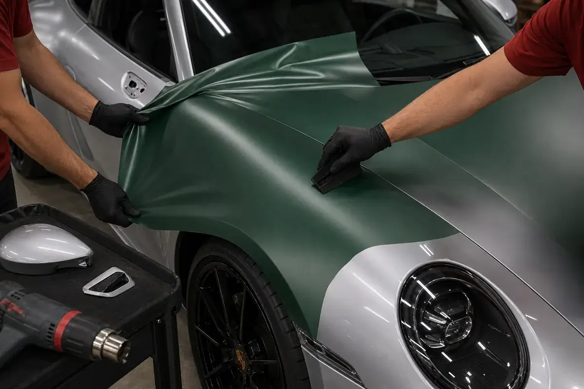 Technicians applying green vinyl wrap over a silver Porsche 911 fender during a color-change wrap at Podium Body Works in Round Rock, Texas