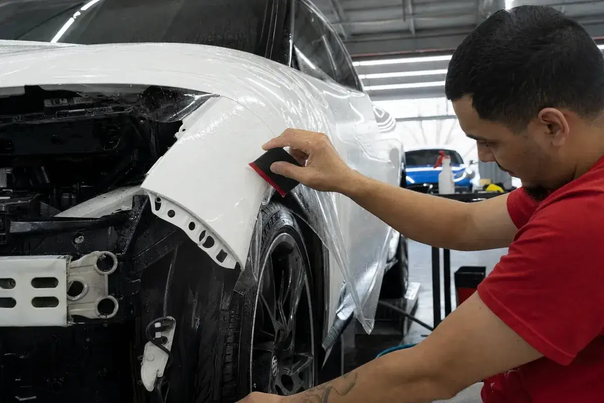 A technician wrapping paint protection film past a fender edge at Podium Body Works in Round Rock, Texas