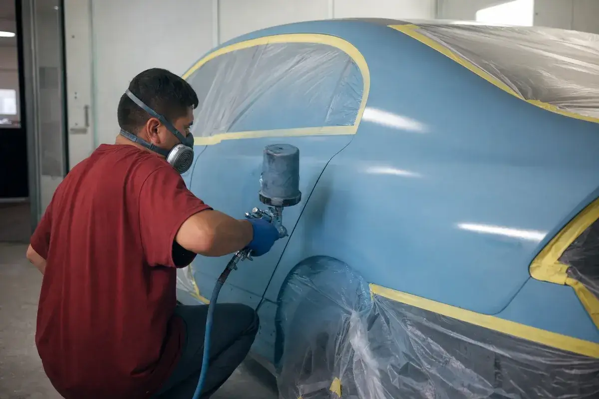 A painter blending fresh paint into an adjacent panel at Podium Body Works in Round Rock, Texas