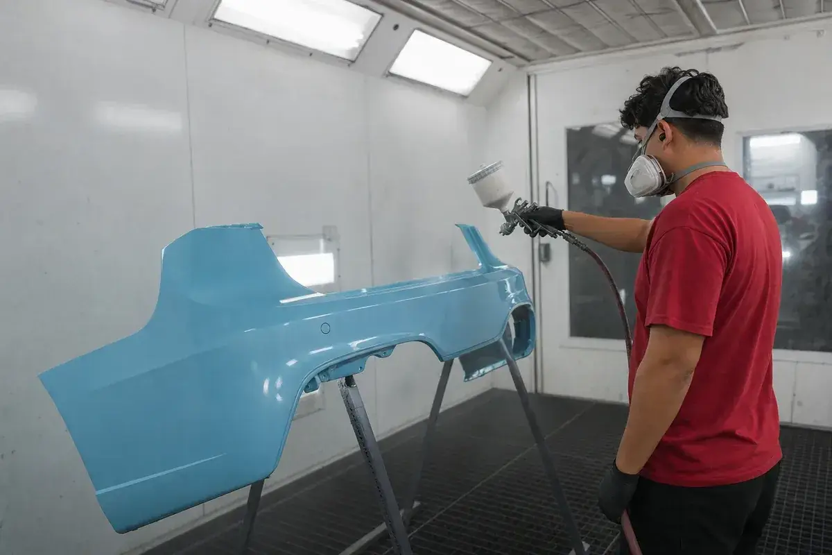 A bumper cover being color-matched and sprayed in the booth at Podium Body Works in Round Rock, Texas