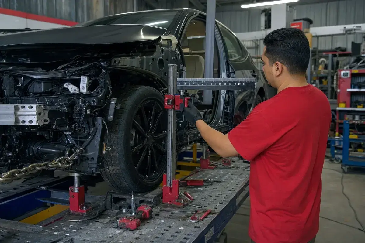 A car secured on a frame-straightening bench with measuring arms at Podium Body Works in Round Rock, Texas
