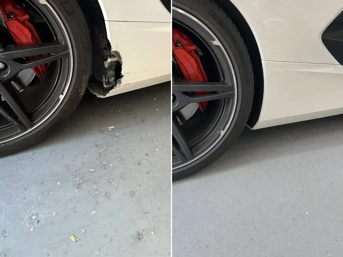 Chevy Corvette Stingray Rocker shown before and after repair at Podium Body Works