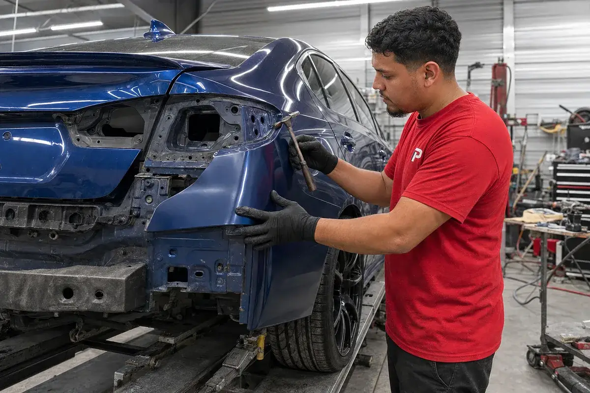 A technician repairing a disassembled blue Porsche during collision repair at Podium Body Works