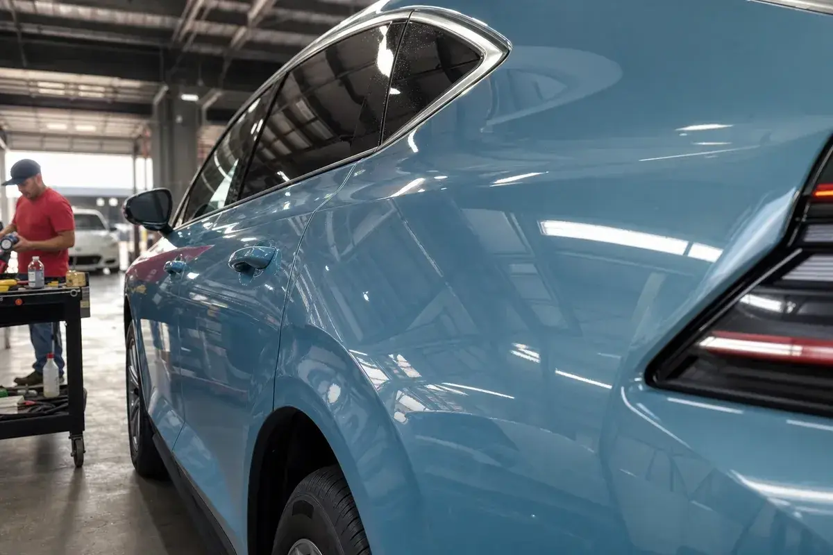 Deep gloss reflection on a freshly ceramic-coated panel at Podium Body Works in Round Rock, Texas