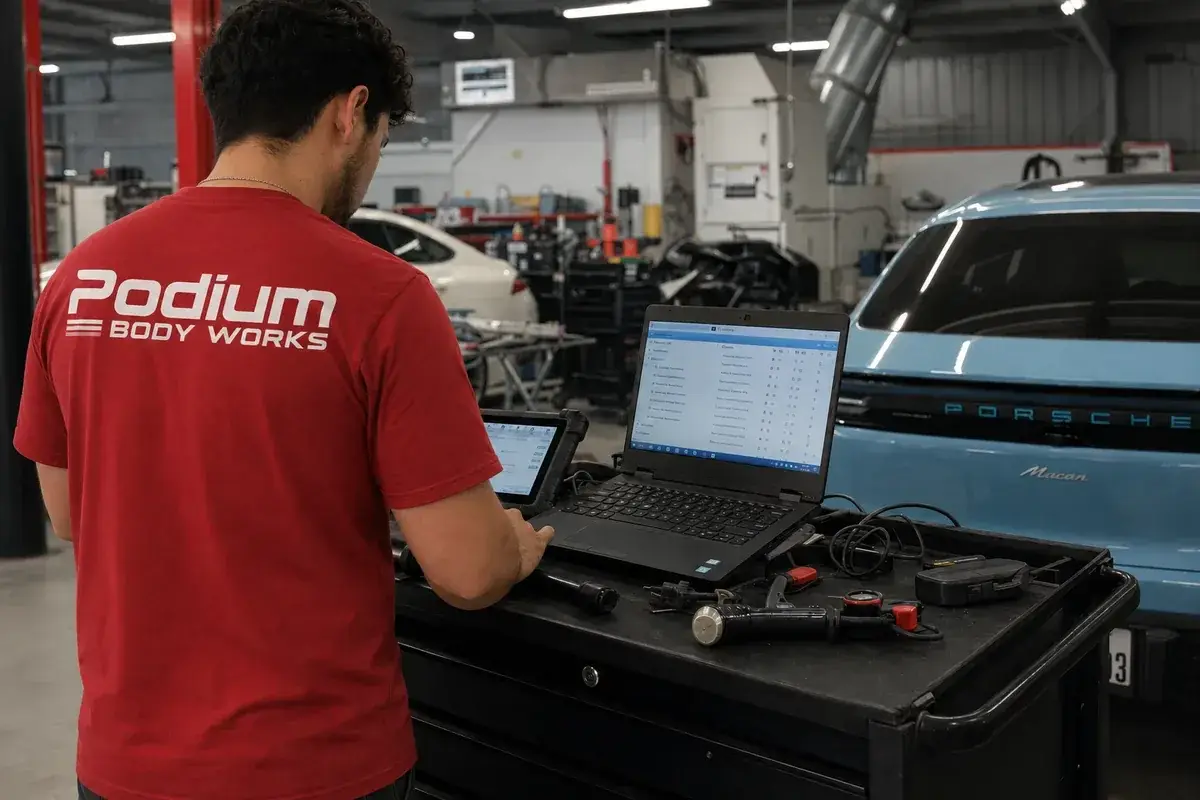 A diagnostics bench with scan tools in a premium bay at Podium Body Works in Liberty Hill, Texas