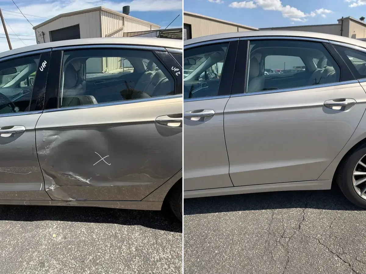 Ford Fusion Side Damage shown before and after repair at Podium Body Works