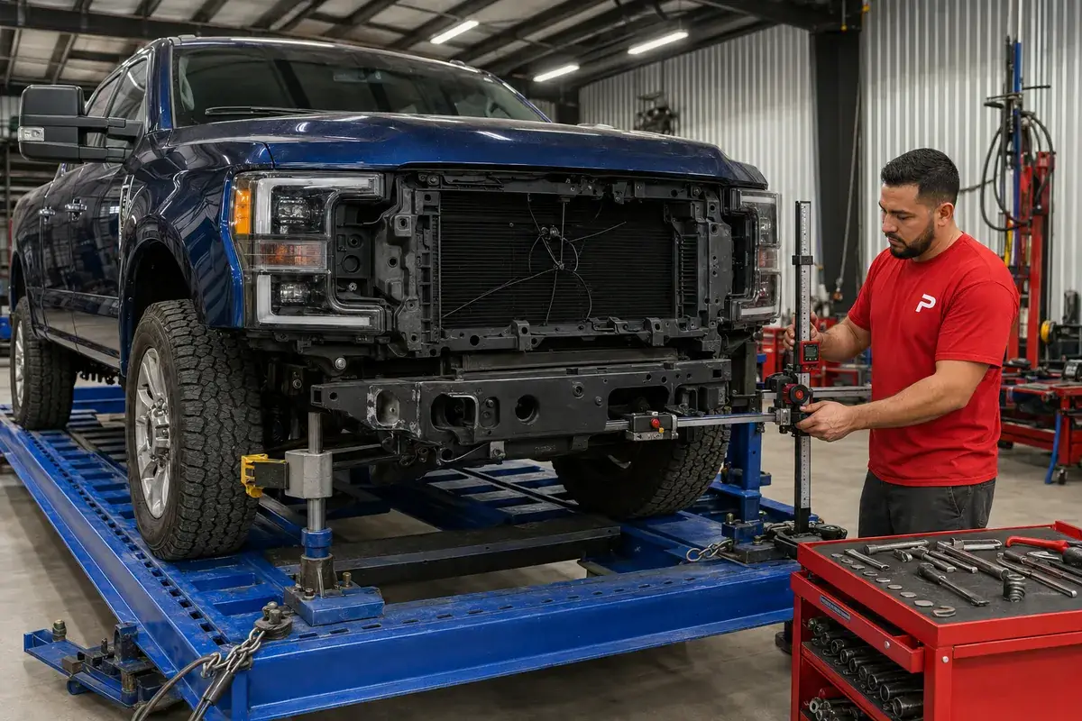 A technician measuring a blue Ford Super Duty truck on a frame-straightening bench at Podium Body Works in Round Rock, Texas