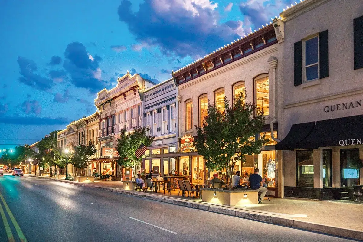 The historic downtown square in Georgetown, Texas at dusk, part of the area Podium Body Works serves