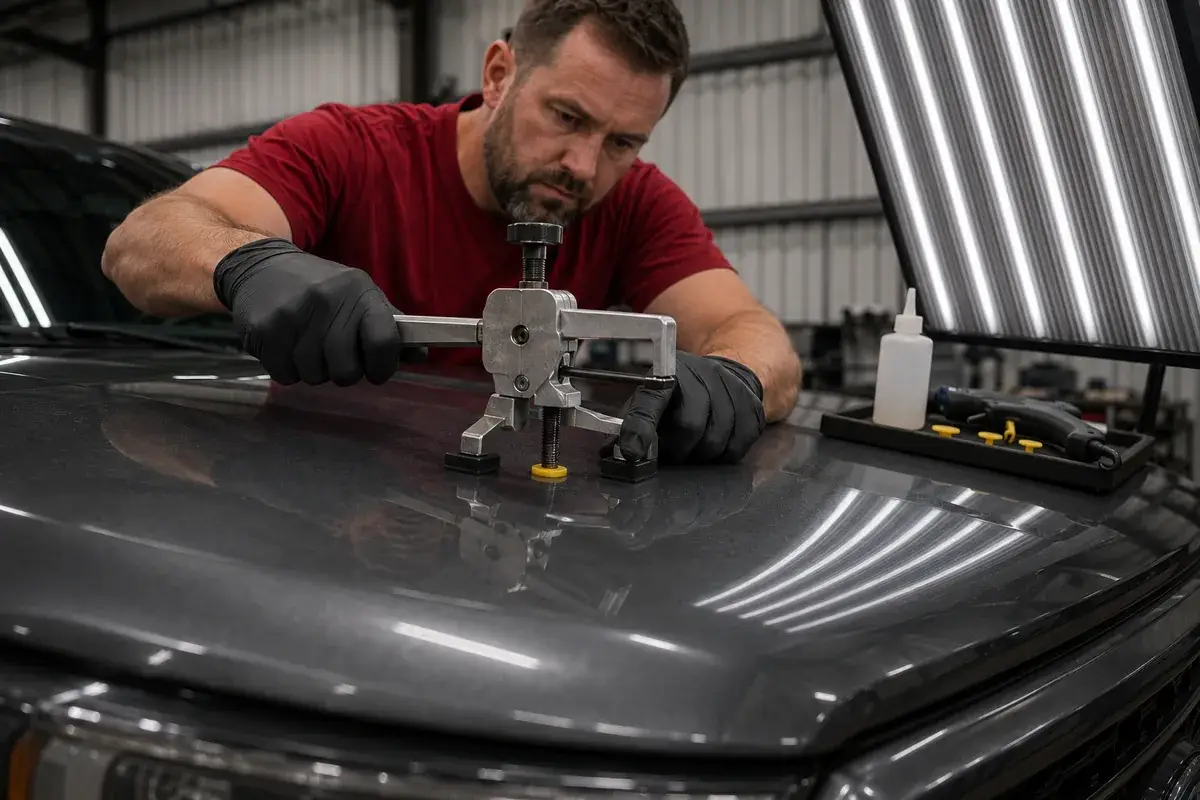 A close view of a glue-pull bridge tool lifting a hail dent on a grey Ford F-150 hood at Podium Body Works in Round Rock, Texas