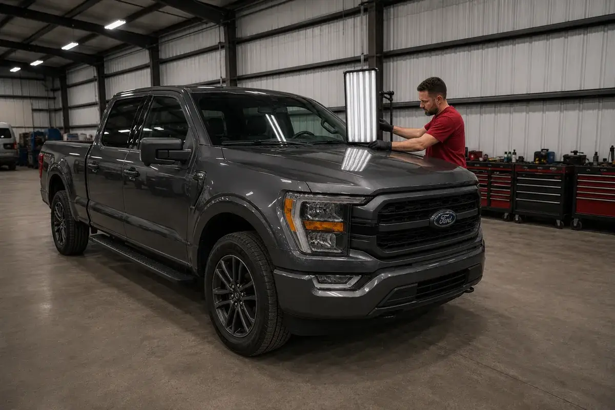A grey Ford F-150 in the shop with a technician inspecting the hood under a reflection board for hail damage at Podium Body Works in Round Rock, Texas