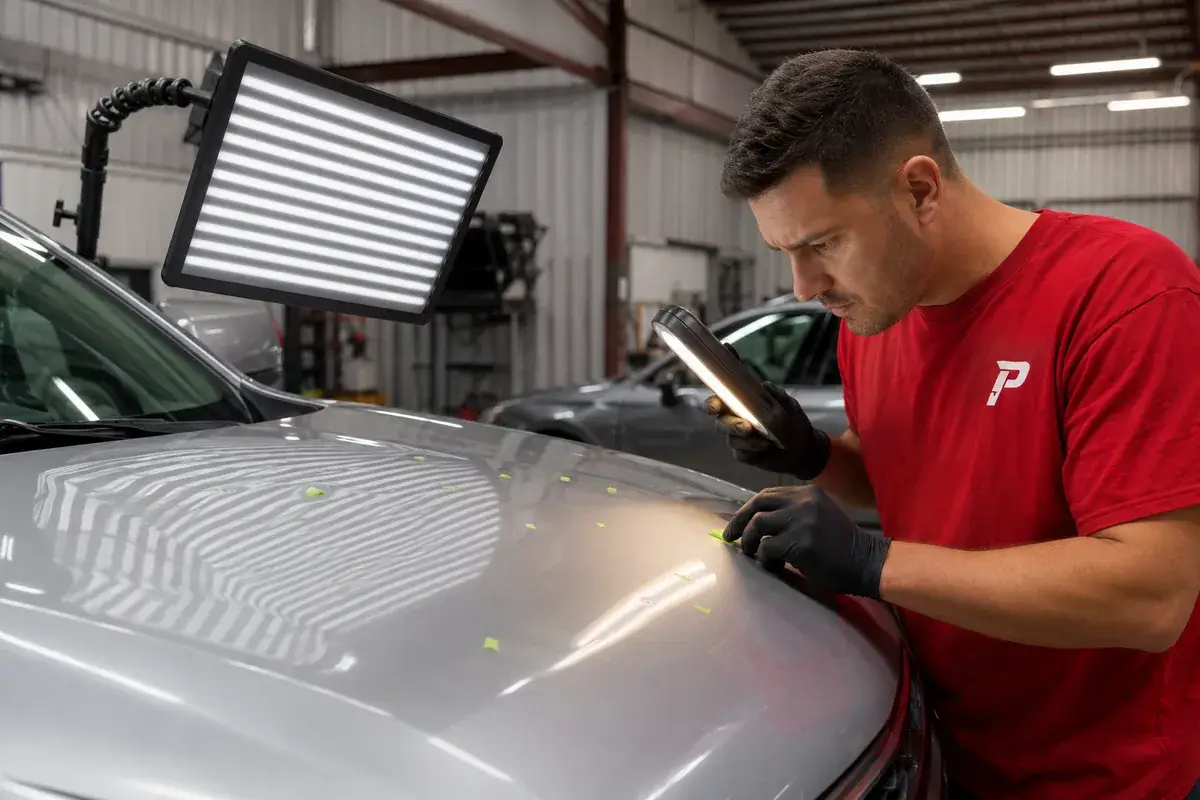 A technician checking a hood for hail dents under an inspection light at Podium Body Works