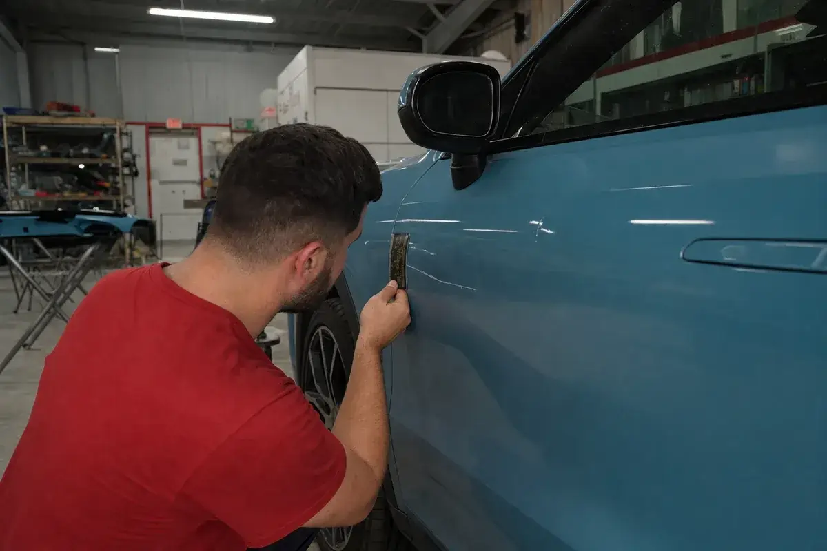 A technician inspecting scratches and chips on a panel at Podium Body Works in Round Rock, Texas