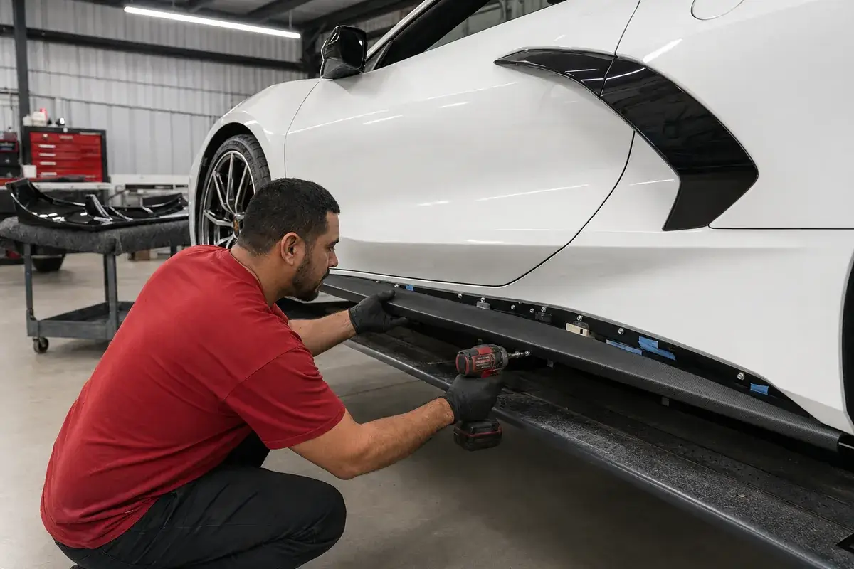 A technician installing a carbon side skirt on a white C8 Corvette at Podium Body Works in Round Rock, Texas