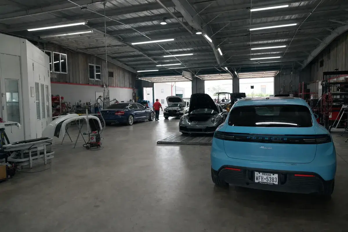 The interior of the Liberty Hill collision facility at Podium Body Works in Liberty Hill, Texas