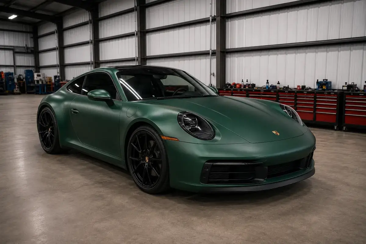 A Porsche 911 finished in a matte green vinyl wrap with black wheels at Podium Body Works in Round Rock, Texas