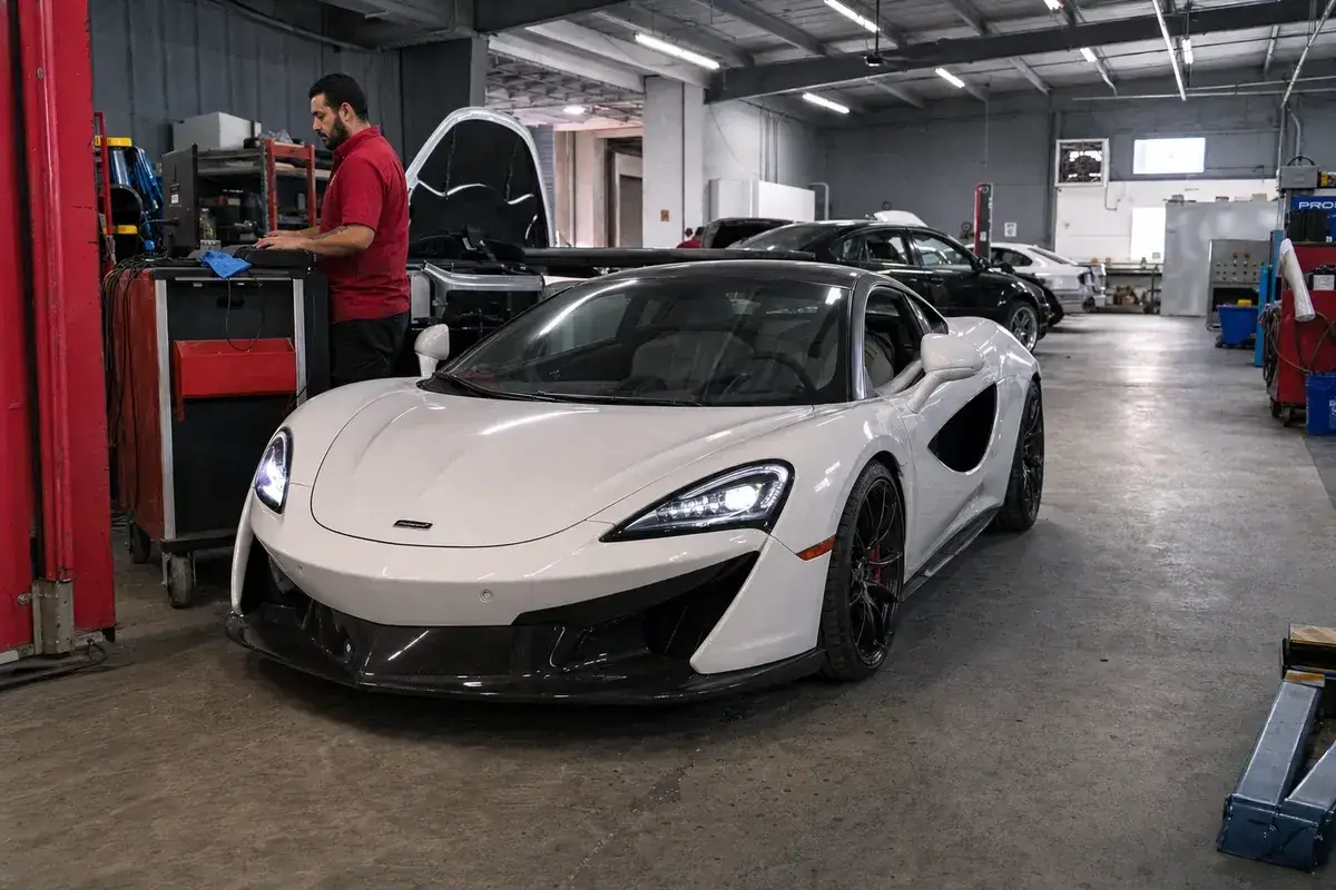 A McLaren in the repair bay beside diagnostic equipment at Podium Body Works in Liberty Hill, Texas