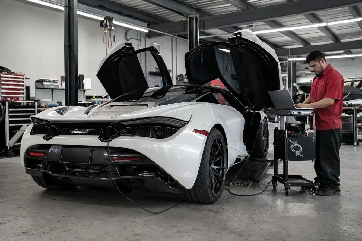 A McLaren in a service bay connected to diagnostic equipment at Podium Body Works in Liberty Hill, Texas