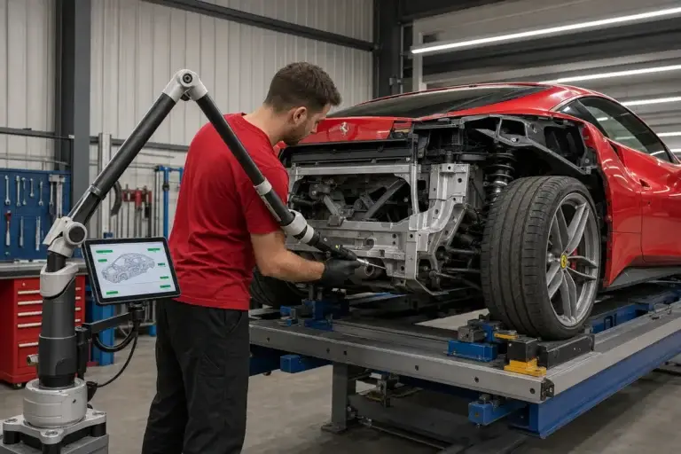 A technician using a computerized measuring arm on a stripped red Ferrari on a frame bench at Podium Body Works in Liberty Hill, Texas