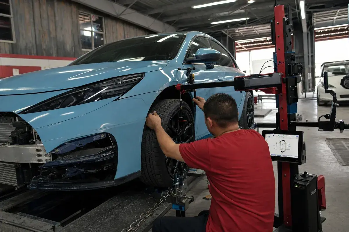 A technician measuring structural points on a car at Podium Body Works in Round Rock, Texas