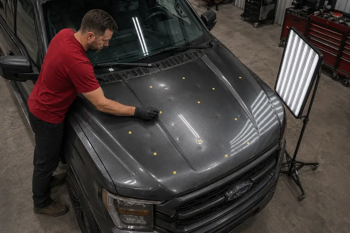 An overhead view of a technician marking hail dents on a grey Ford F-150 hood at Podium Body Works in Round Rock, Texas