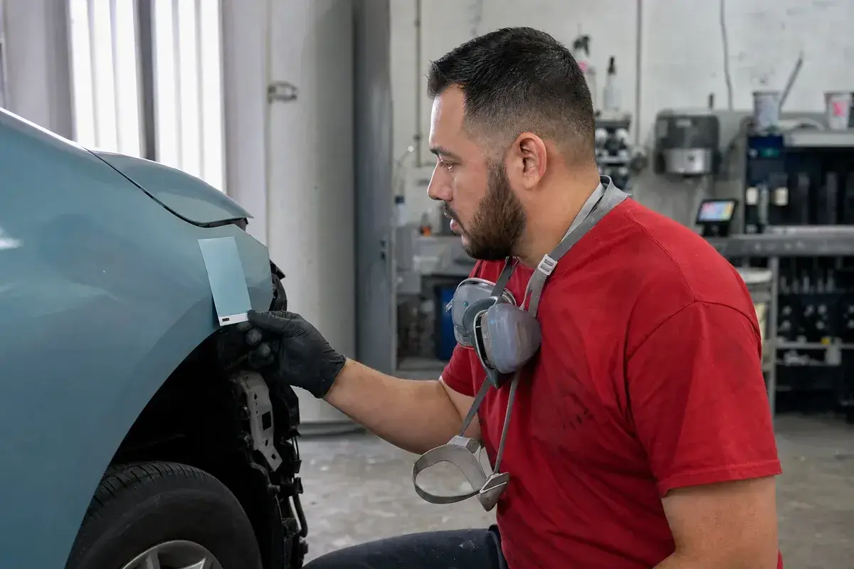 A painter checking a sprayed test card against a fender at Podium Body Works in Round Rock, Texas