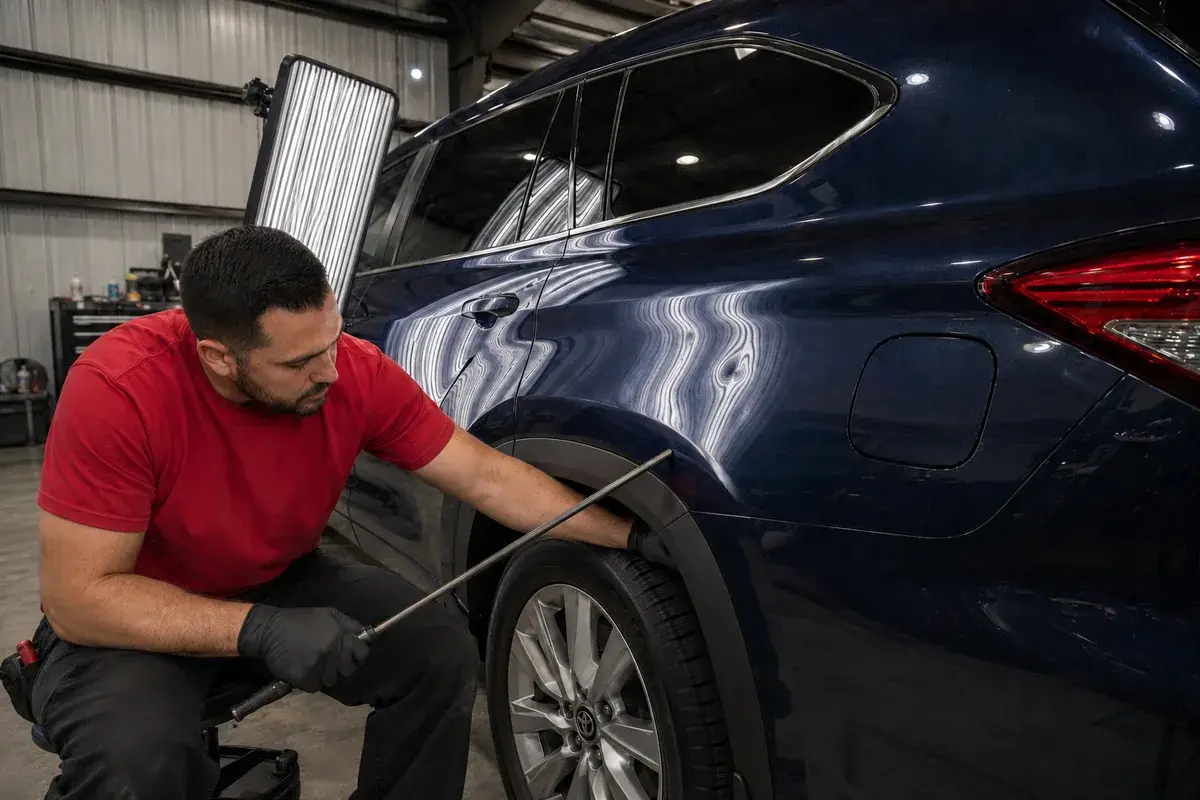 A technician working a dent on a blue Toyota Highlander rear quarter with a paintless dent repair rod at Podium Body Works in Round Rock, Texas
