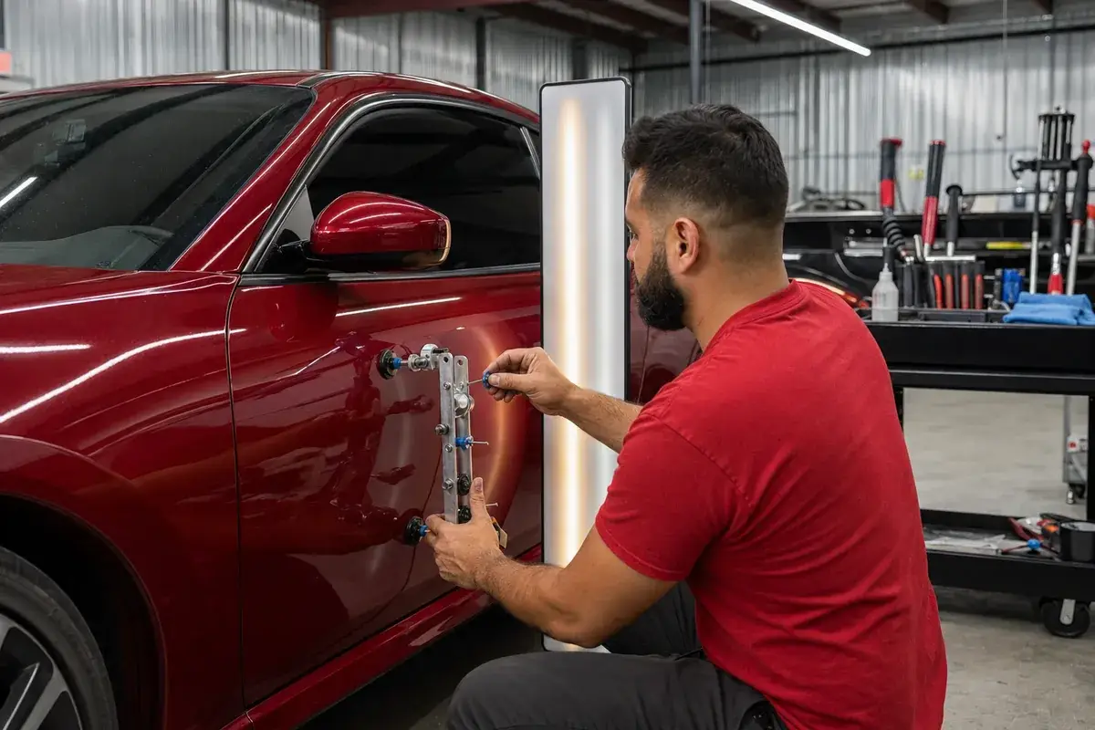 A technician performing paintless dent repair on a red car door with a reflection board at Podium Body Works