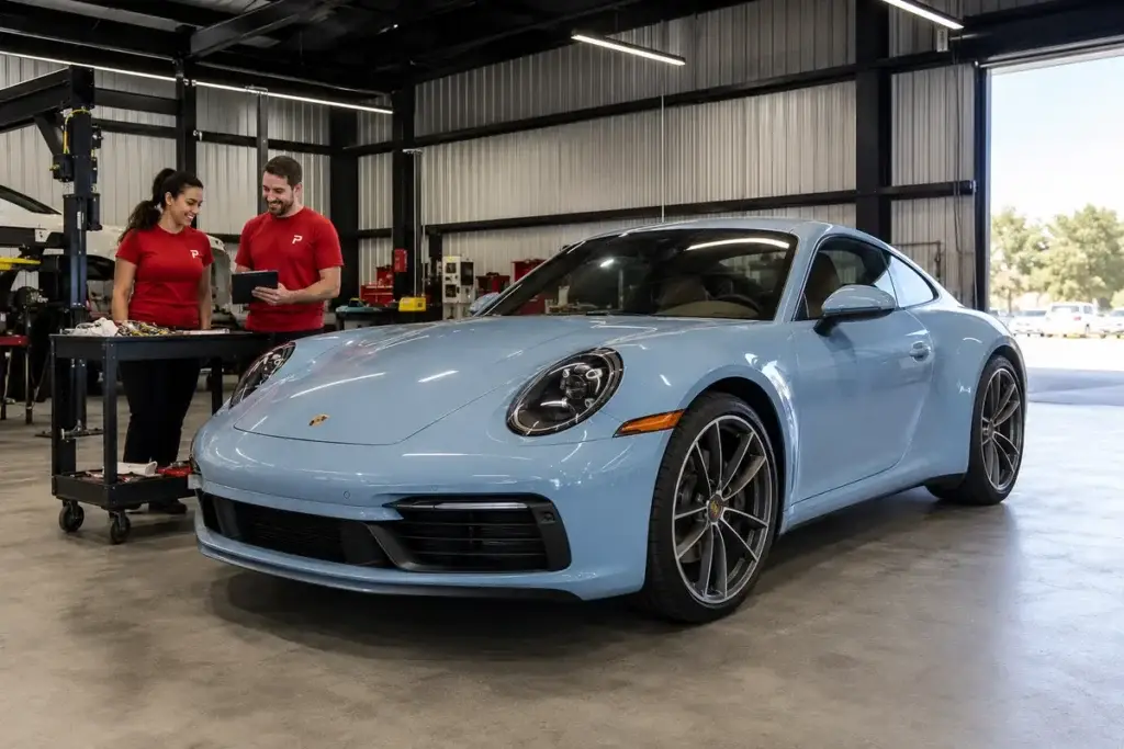A light blue Porsche 911 in the Podium Body Works collision repair shop in Liberty Hill, Texas