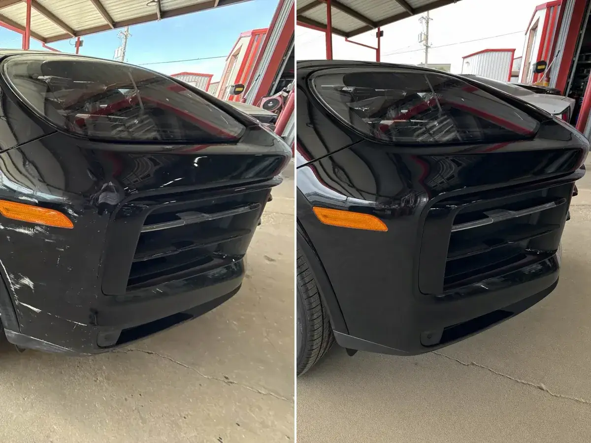 Porsche Cayenne Front Bumper shown before and after repair at Podium Body Works
