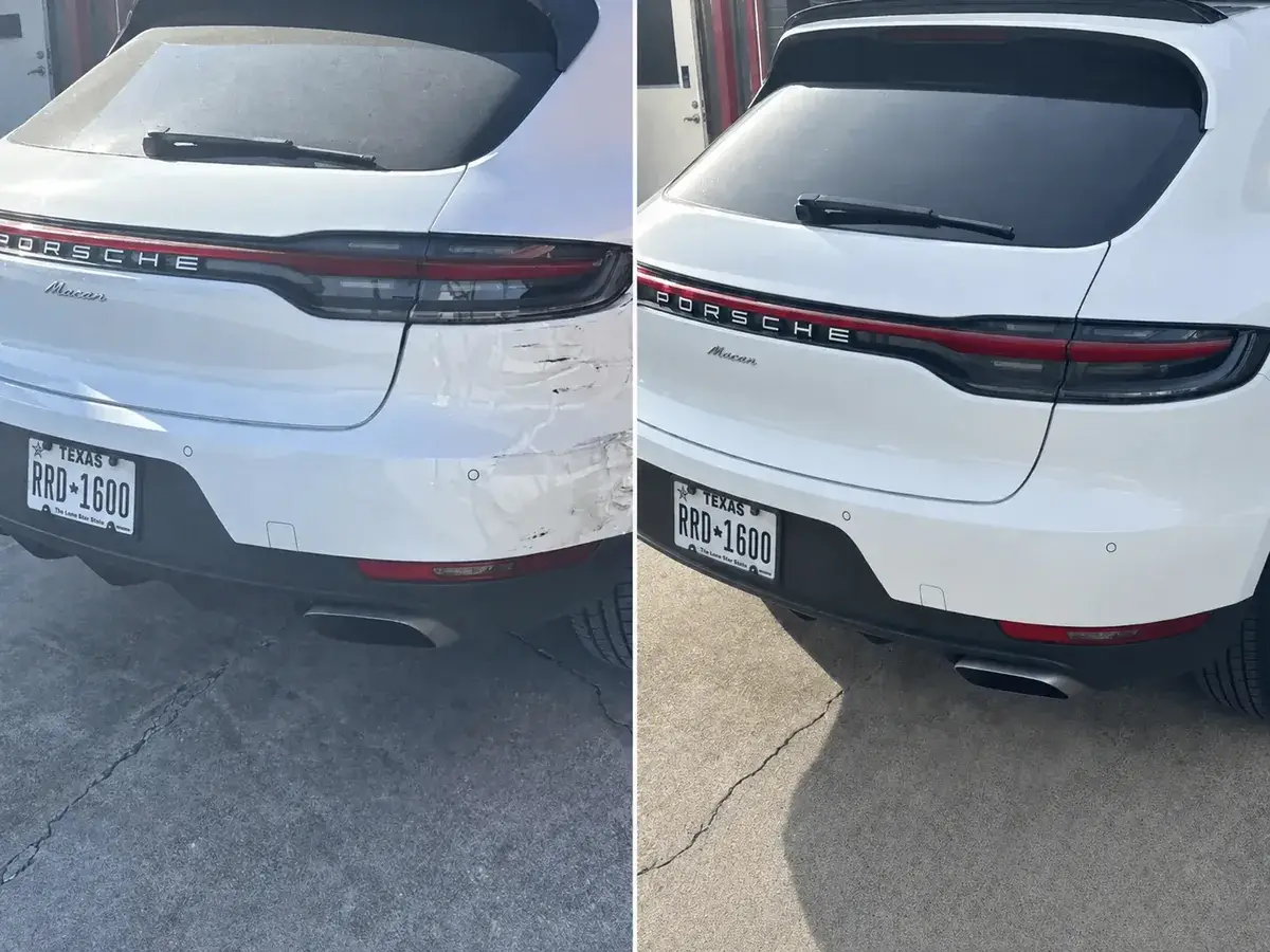 A white Porsche Macan rear bumper shown before and after collision repair at Podium Body Works in Round Rock, Texas