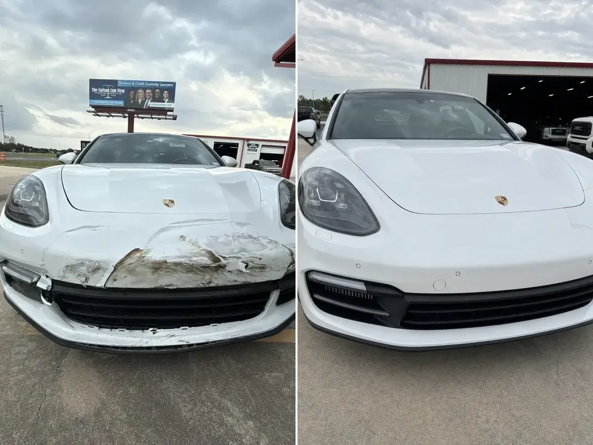 Porsche Panamera Front Bumper shown before and after repair at Podium Body Works