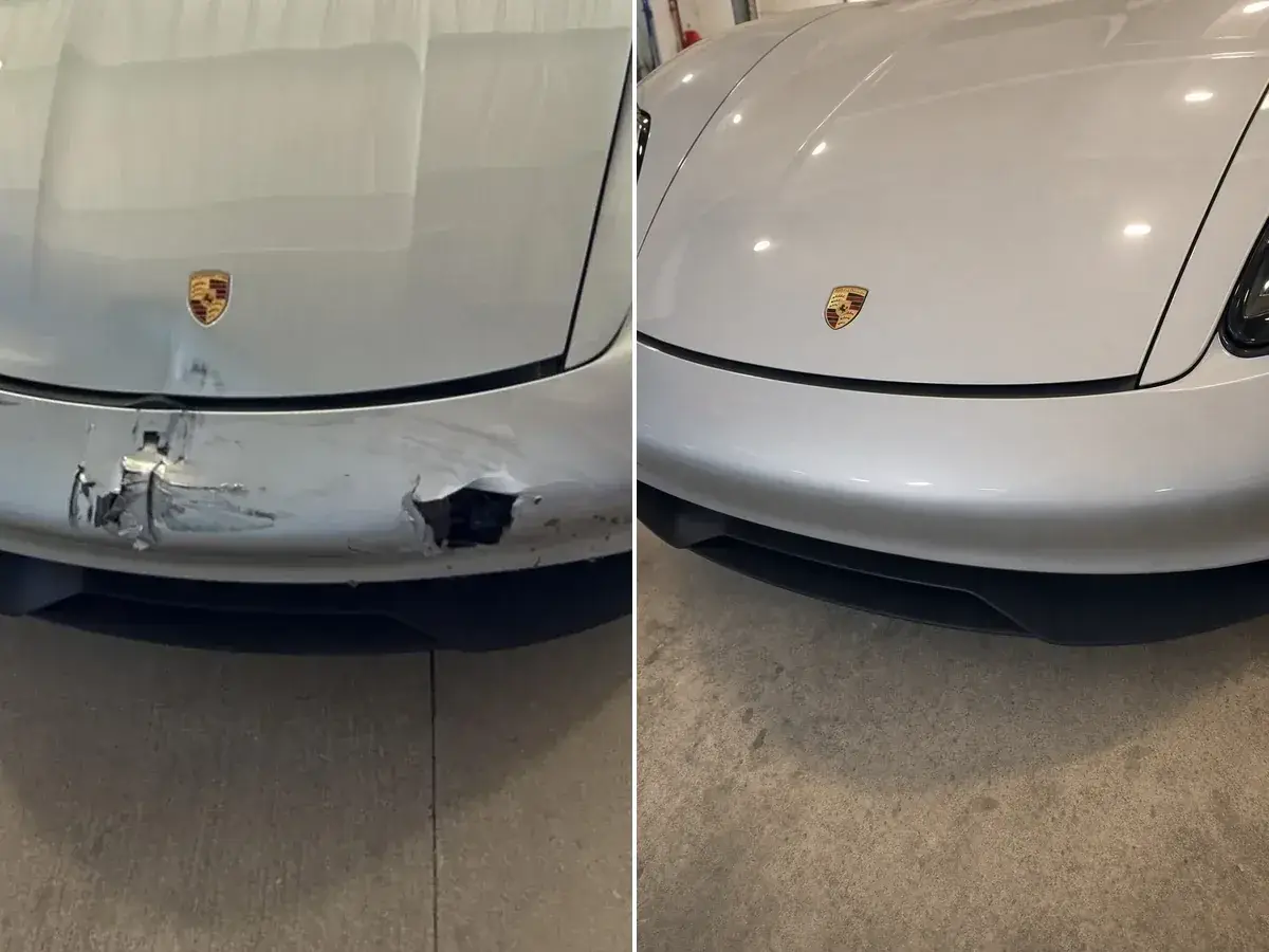 Porsche Taycan Front Bumper shown before and after repair at Podium Body Works