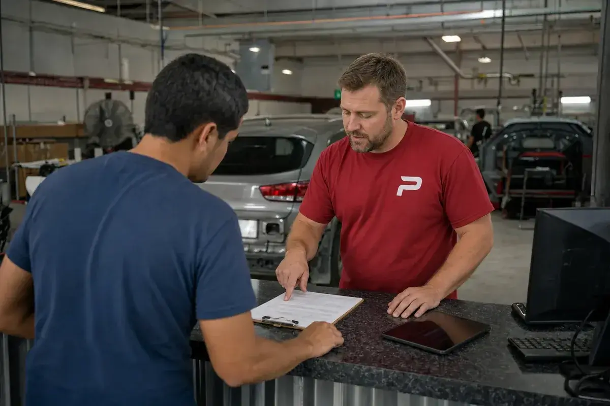 A service advisor reviewing insurance claim paperwork with a customer at Podium Body Works in Round Rock, Texas