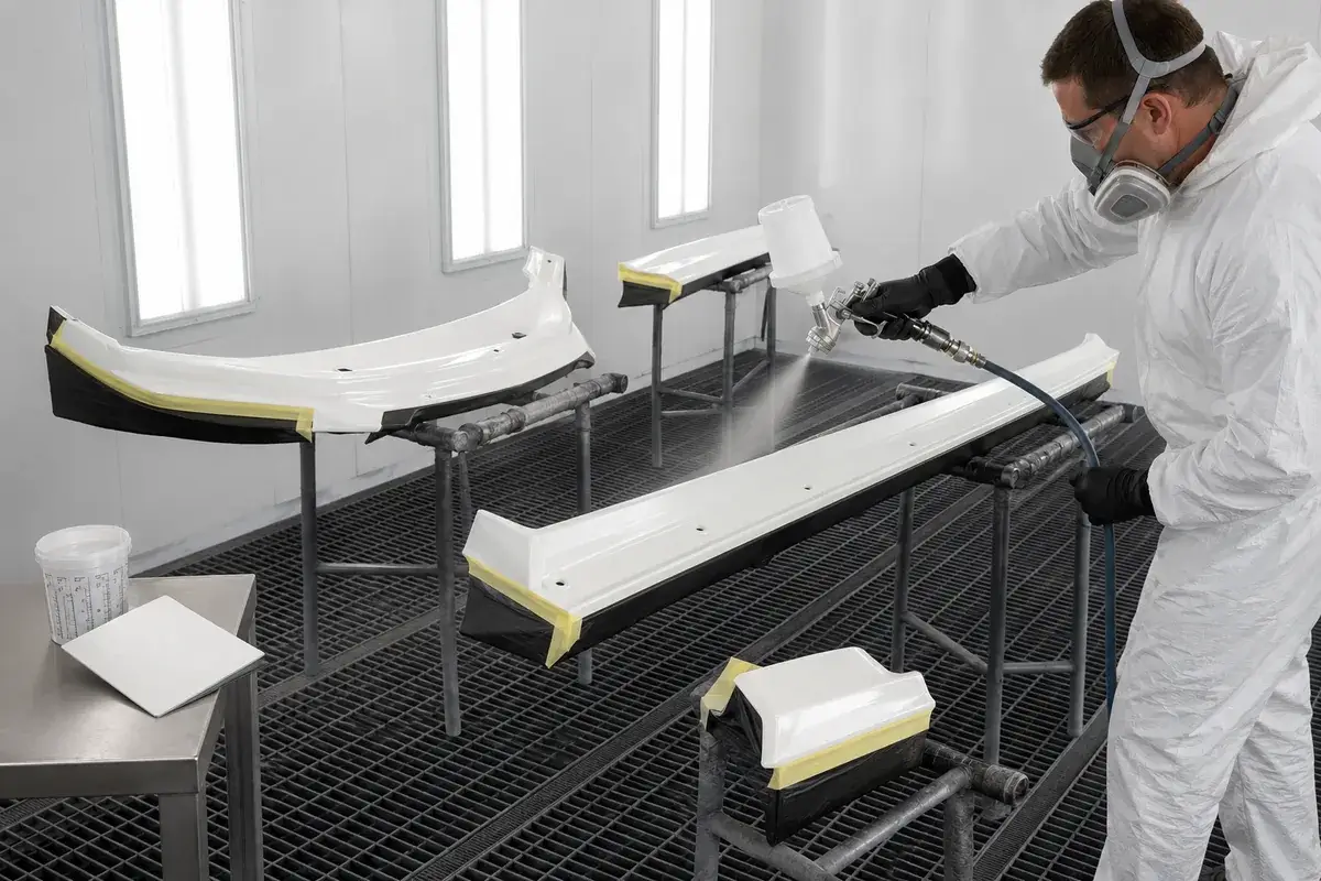 A painter spraying aero body panels white in the paint booth at Podium Body Works in Round Rock, Texas