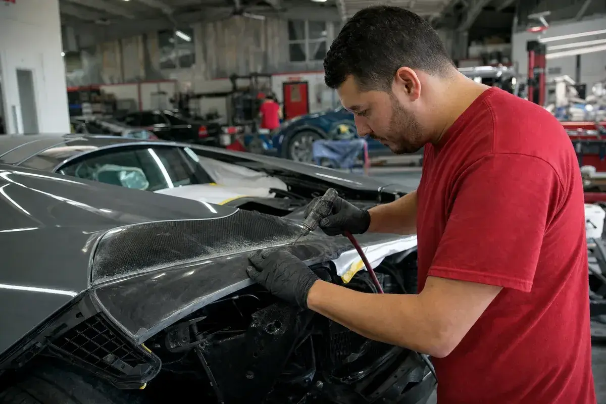 Carbon and aluminum body repair on a supercar panel at Podium Body Works in Liberty Hill, Texas