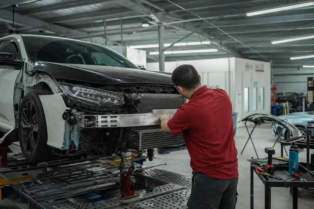 A technician inspecting front-end collision damage on a teardown rack at Podium Body Works in Round Rock, Texas