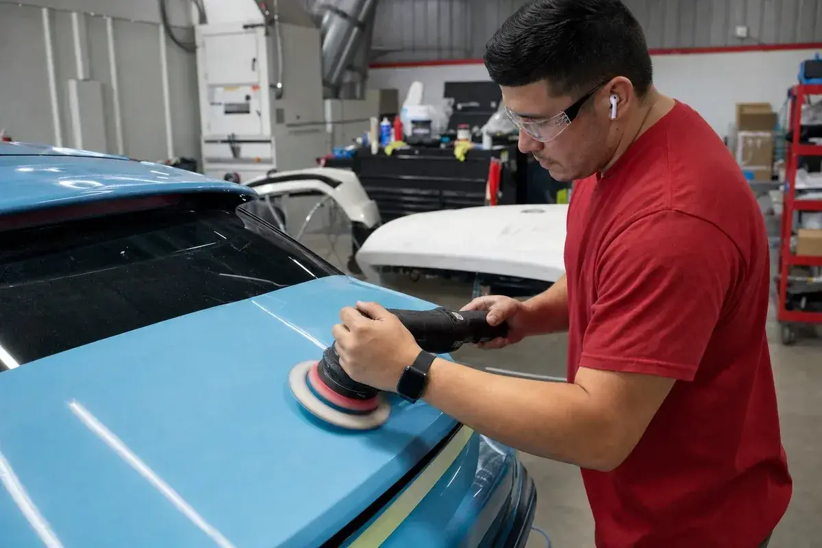 A technician running a dual-action polisher on a panel at Podium Body Works in Round Rock, Texas
