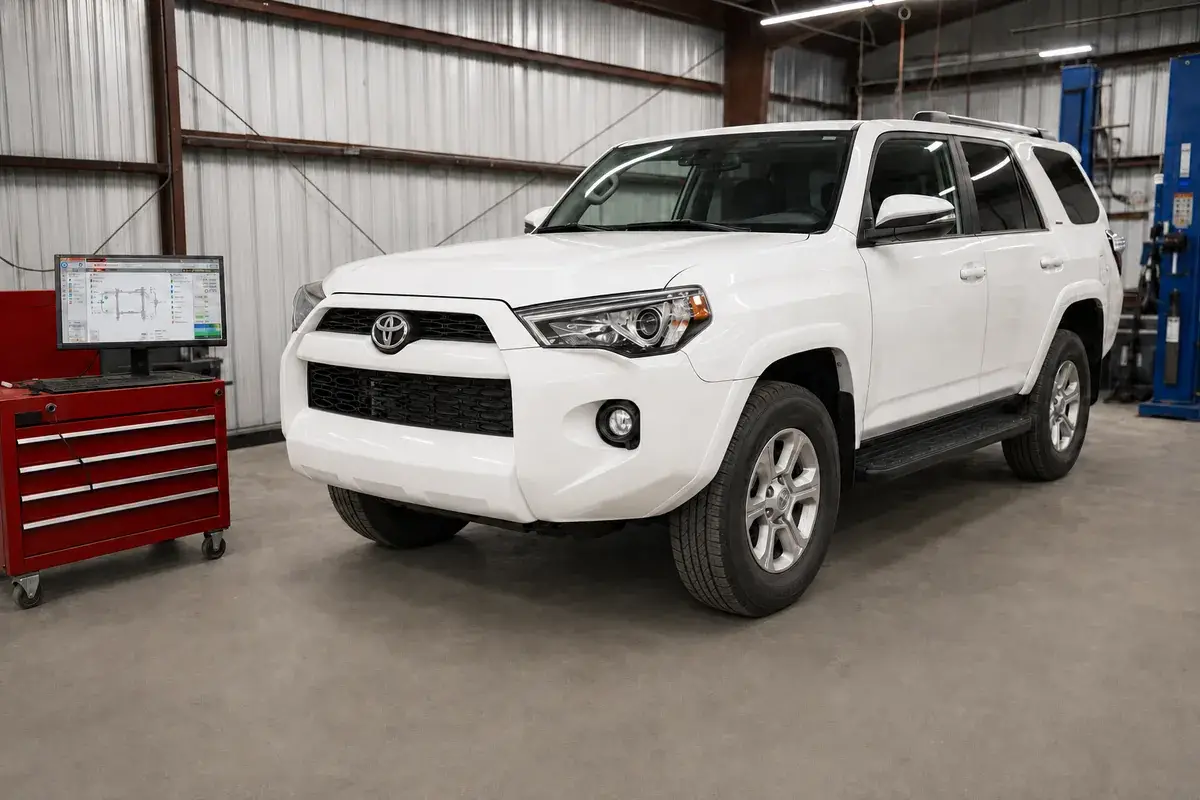 A finished white Toyota 4Runner after collision repair at Podium Body Works in Round Rock, Texas