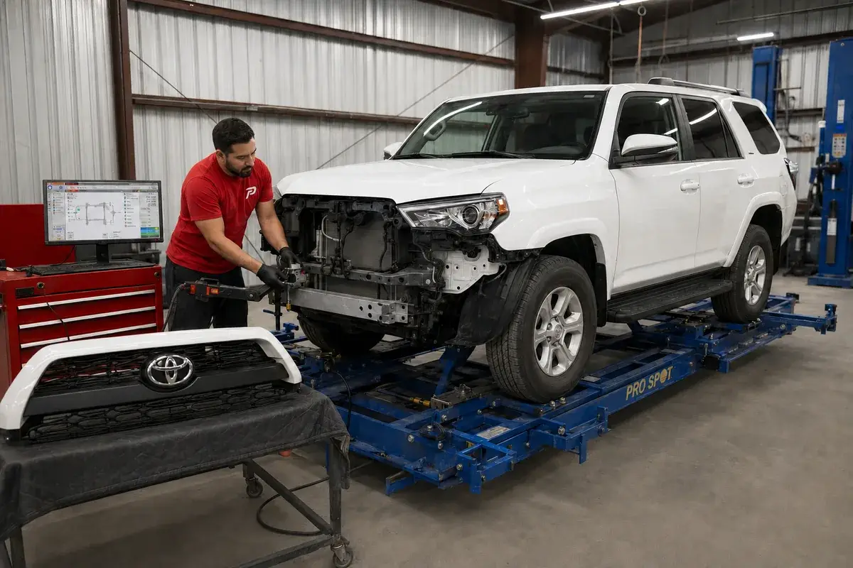 A technician repairing the front end of a white Toyota 4Runner on a frame rack at Podium Body Works in Round Rock, Texas