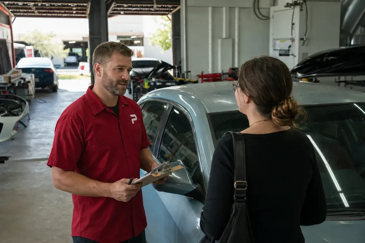 A vehicle arriving for a collision repair estimate at Podium Body Works in Round Rock, Texas
