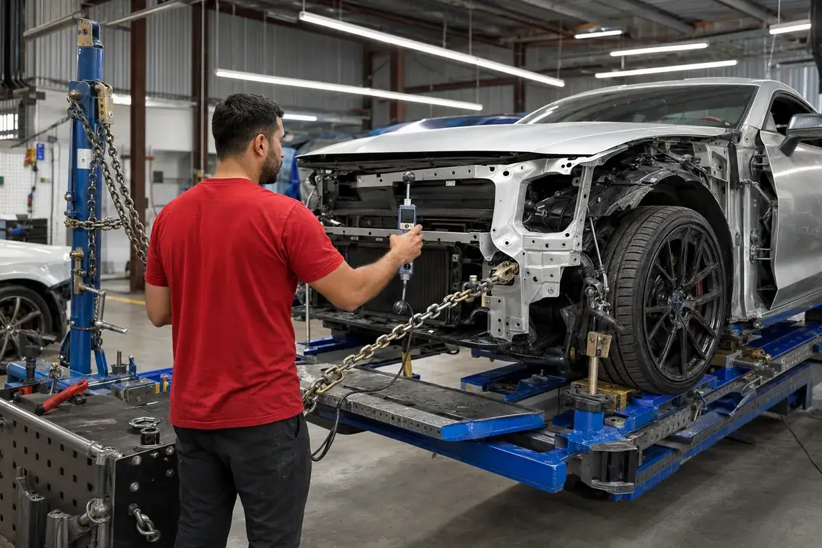 A stripped vehicle clamped on a frame-straightening bench during structural repair at Podium Body Works