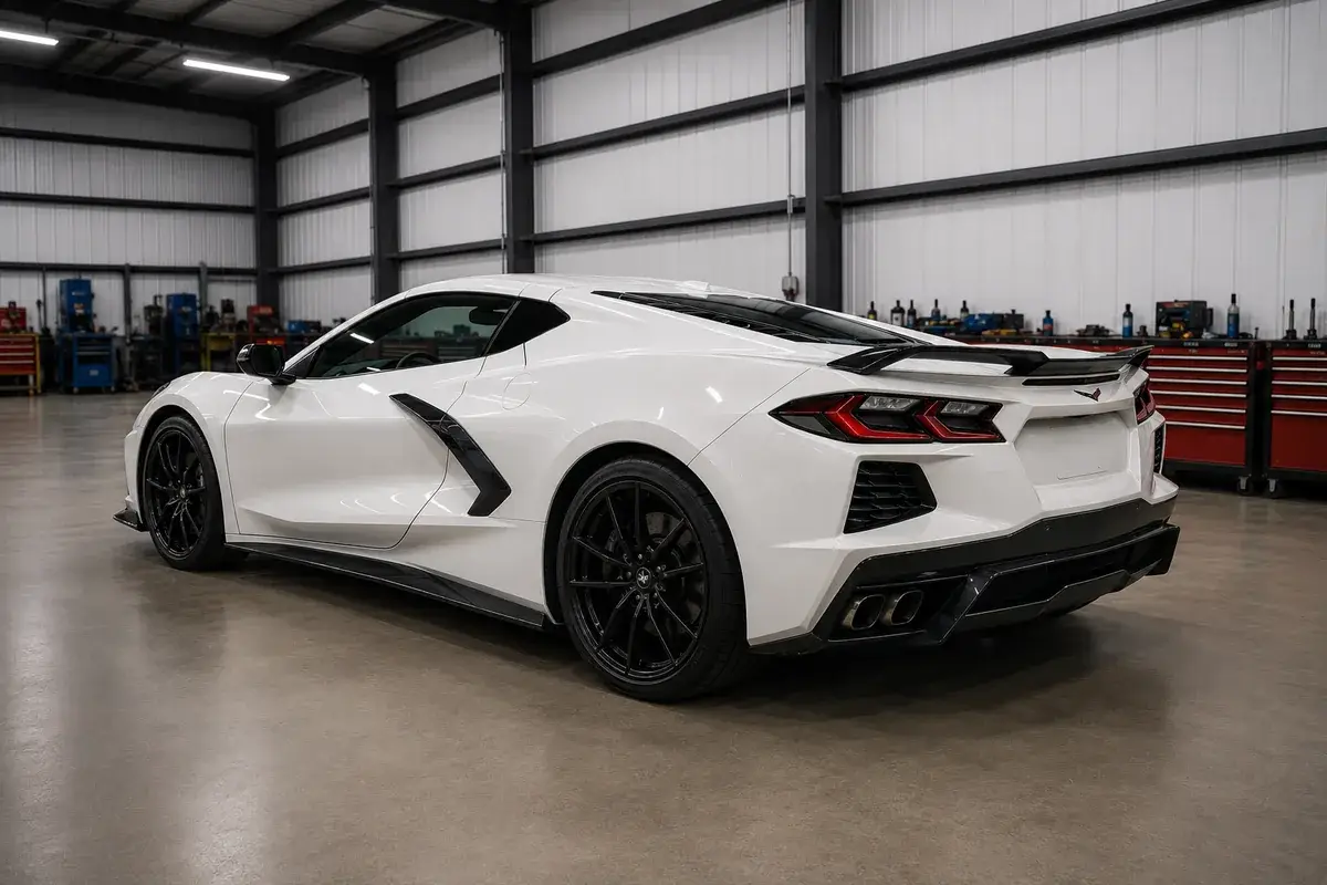 A white Chevrolet C8 Corvette with aero and black wheel upgrades at Podium Body Works in Round Rock, Texas