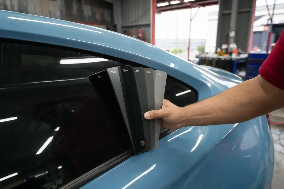 A fan of window-tint shade samples held against glass at Podium Body Works in Round Rock, Texas