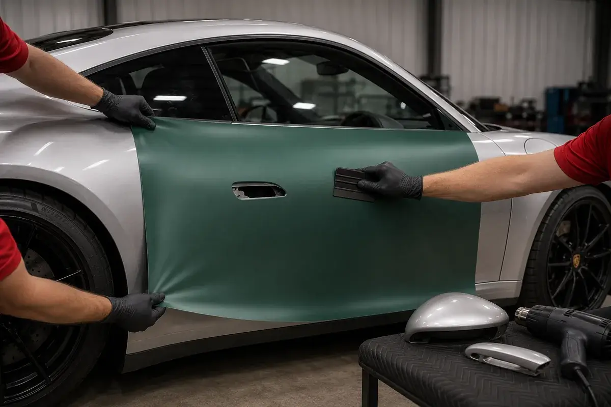 Technicians wrapping a Porsche 911 door in green vinyl during a color-change wrap at Podium Body Works in Round Rock, Texas